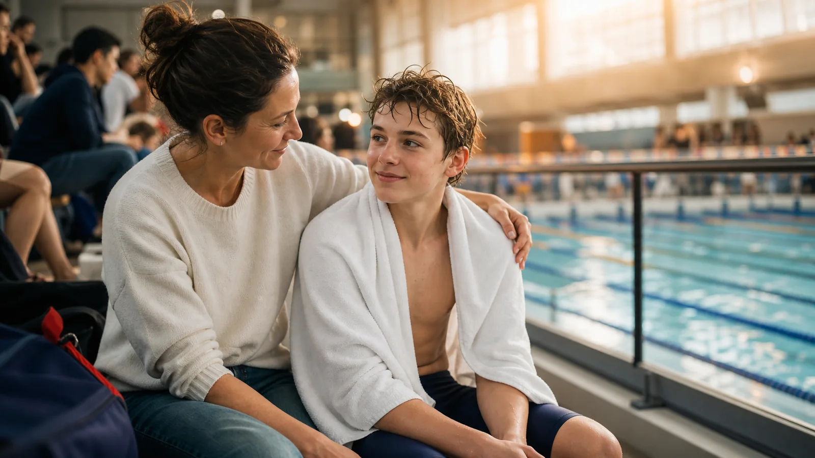 Parent et jeune nageur assis au bord d'un bassin après une course.